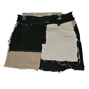Distressed DemimPatchwork Skirt Womens Size XXL Black, Tan And White